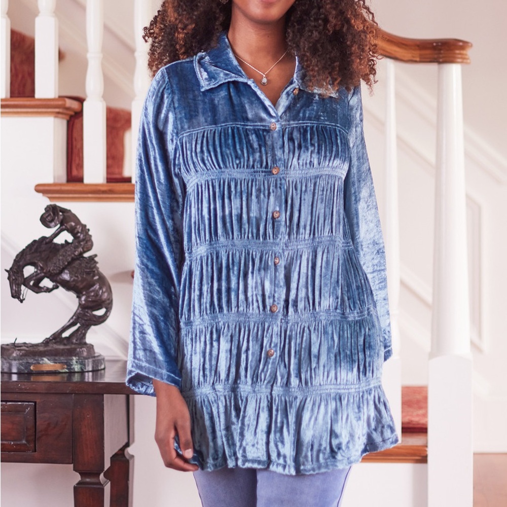 April Cornell Nicole Velvet Blue Tunic Top Flowy Button Up Bell Sleeve Boho